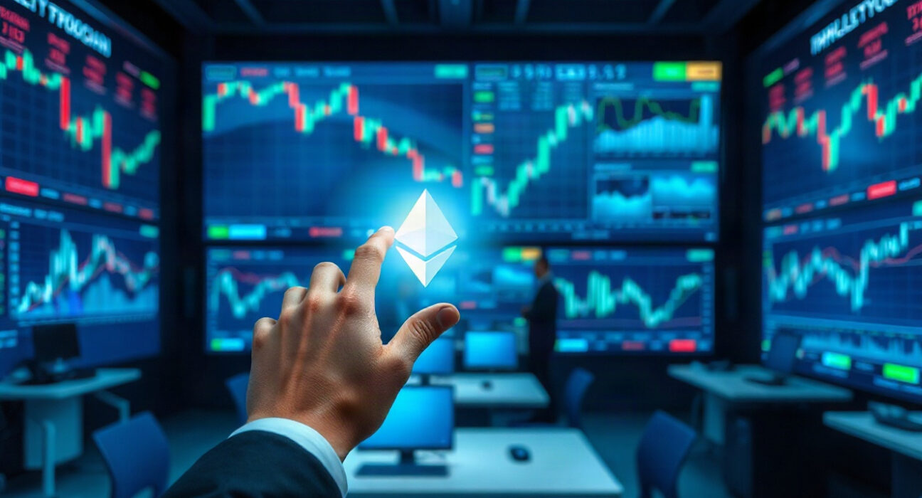 Professional hand interacting with a digital trading interface showing stock charts and blockchain elements