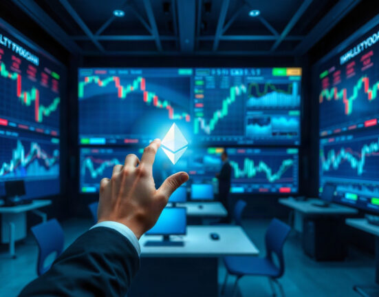 Professional hand interacting with a digital trading interface showing stock charts and blockchain elements