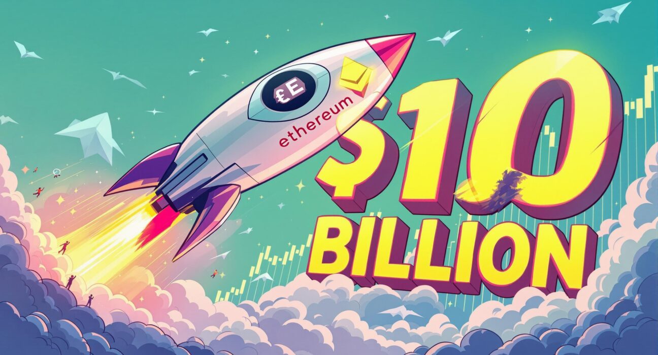 A vibrant cartoon illustration depicting a BlackRock Ethereum ETF soaring past a $10 billion milestone, symbolizing its rapid growth and market impact.