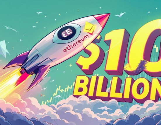A vibrant cartoon illustration depicting a BlackRock Ethereum ETF soaring past a $10 billion milestone, symbolizing its rapid growth and market impact.