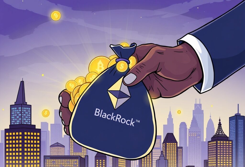 A cartoon illustration showing BlackRock's hand accumulating Ethereum ETF, symbolizing significant institutional investment.