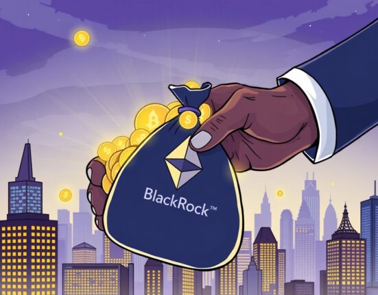 A cartoon illustration showing BlackRock's hand accumulating Ethereum ETF, symbolizing significant institutional investment.