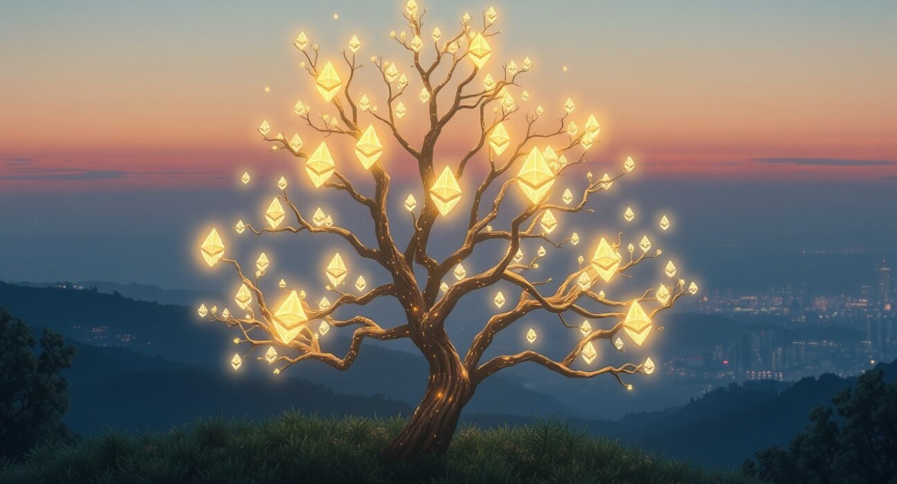 Ethereum ETF market growth and investment flow visualized as a glowing digital tree in a futuristic landscape.