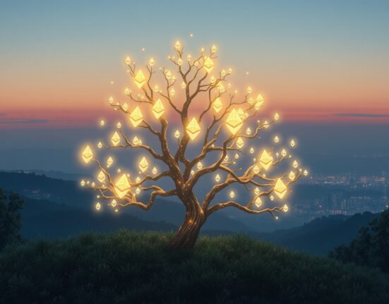 Ethereum ETF market growth and investment flow visualized as a glowing digital tree in a futuristic landscape.