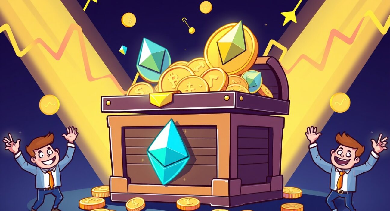 Celebratory Ethereum ETF treasure chest with glowing coins and rising graphs symbolizing investment recovery