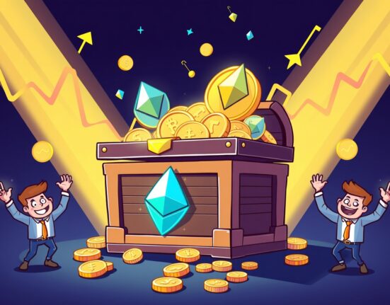 Celebratory Ethereum ETF treasure chest with glowing coins and rising graphs symbolizing investment recovery