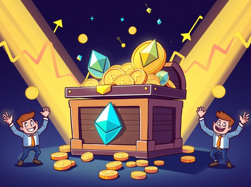 Celebratory Ethereum ETF treasure chest with glowing coins and rising graphs symbolizing investment recovery