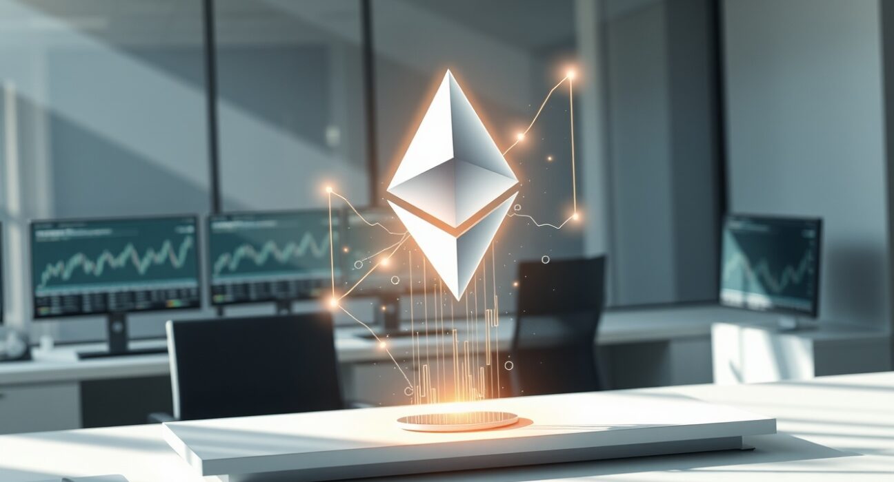 Ethereum ETF investment inflows visualized as data flowing into the Ethereum symbol on a trading desk.