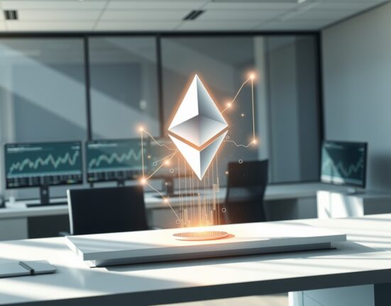 Ethereum ETF investment inflows visualized as data flowing into the Ethereum symbol on a trading desk.