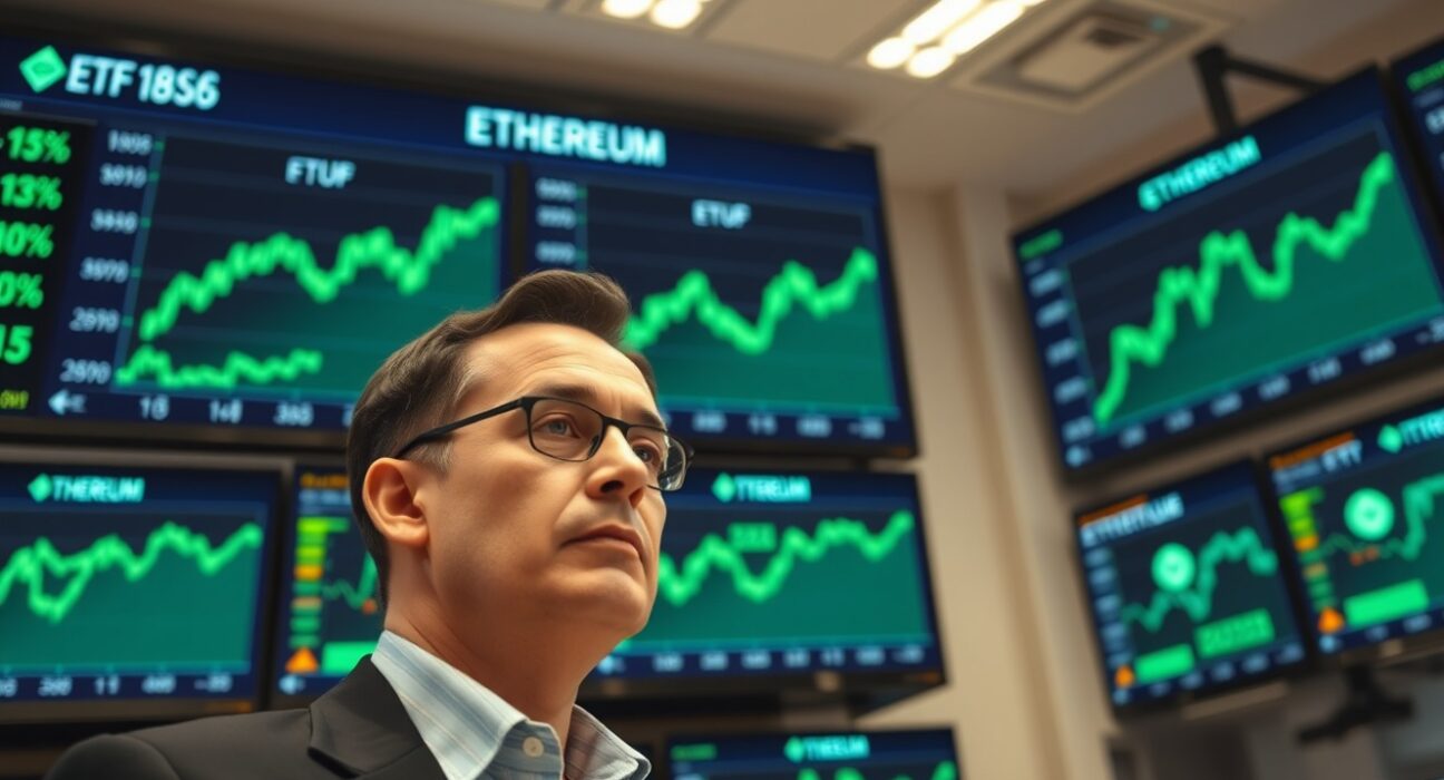 Trader observing Ethereum ETF price charts on digital screens in a modern trading office