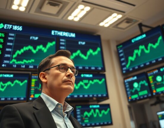 Trader observing Ethereum ETF price charts on digital screens in a modern trading office