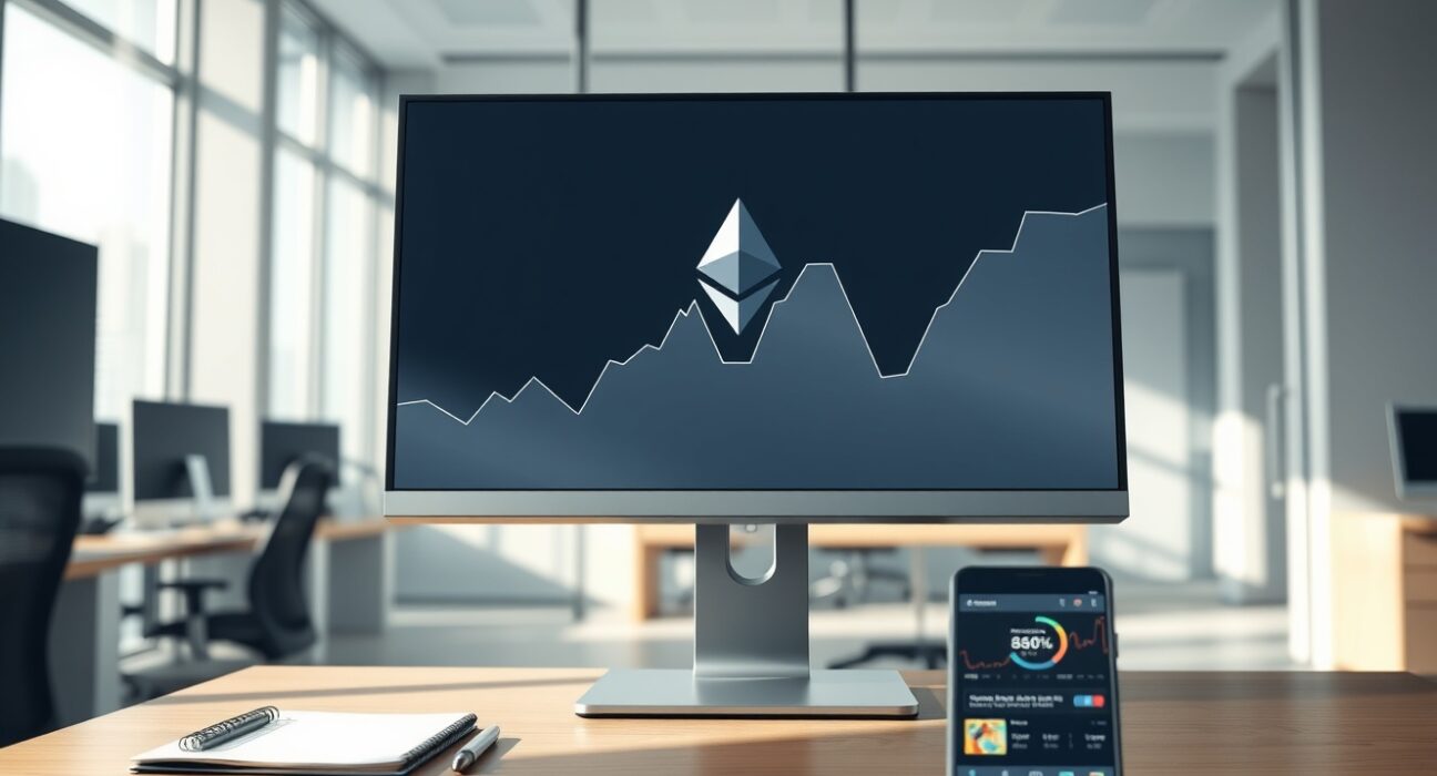 Professional trading desk monitoring Ethereum ETF investment data and market growth trends.