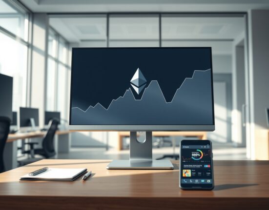 Professional trading desk monitoring Ethereum ETF investment data and market growth trends.