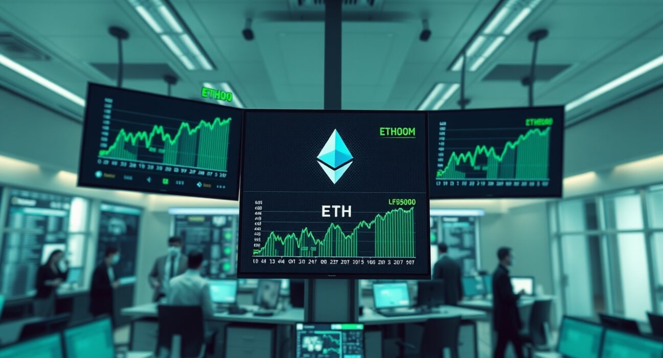 Trading floor screens showing Ethereum price charts and positive inflow data