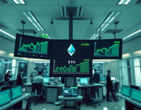 Trading floor screens showing Ethereum price charts and positive inflow data