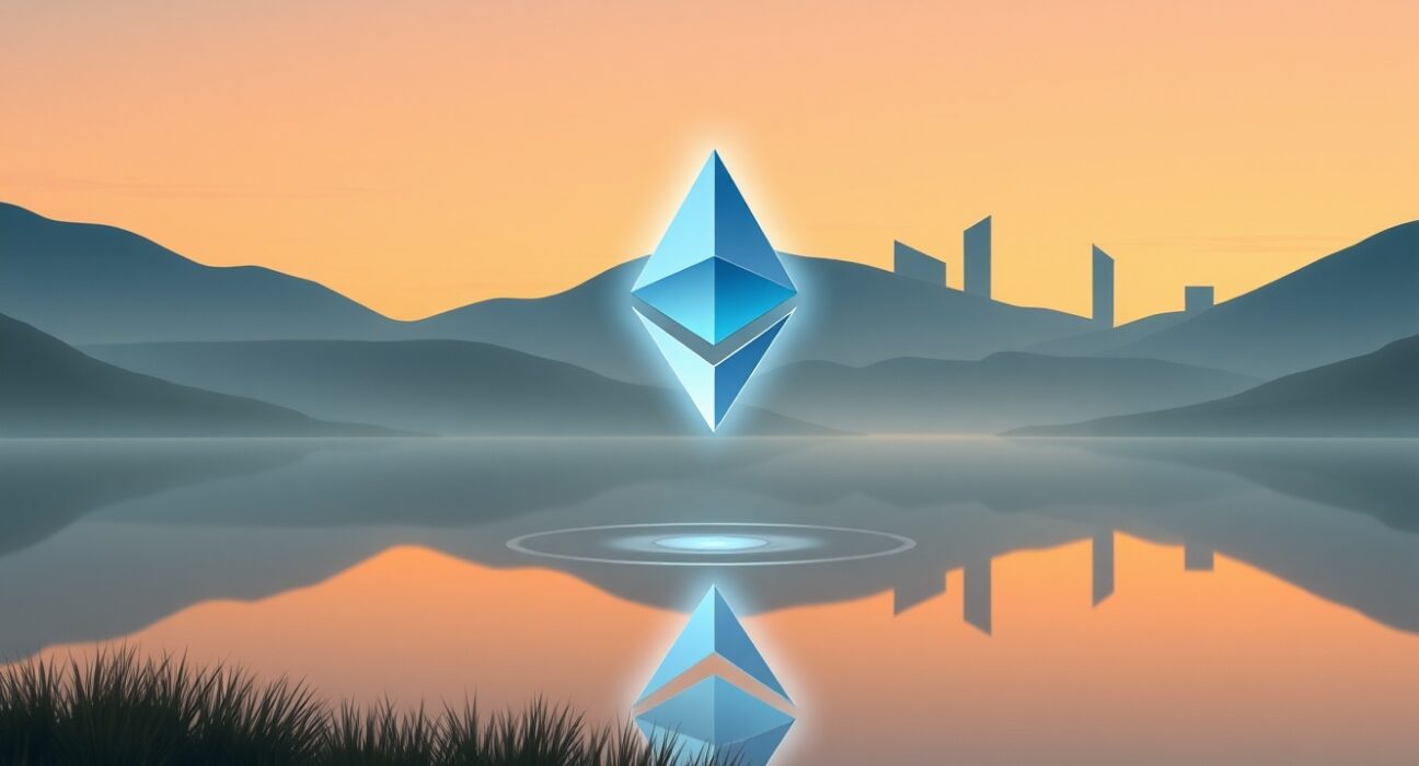Ethereum ETF symbol glowing above a calm lake, representing renewed investment inflows and market confidence.