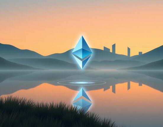 Ethereum ETF symbol glowing above a calm lake, representing renewed investment inflows and market confidence.