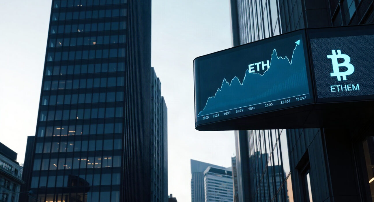 Ethereum ETF inflows chart compared to Bitcoin on a digital display in a financial district