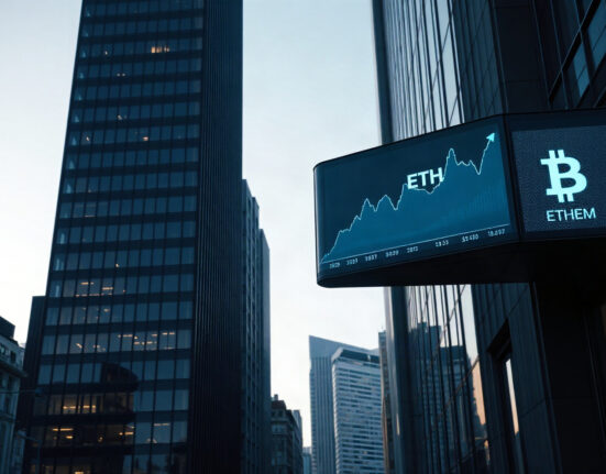 Ethereum ETF inflows chart compared to Bitcoin on a digital display in a financial district