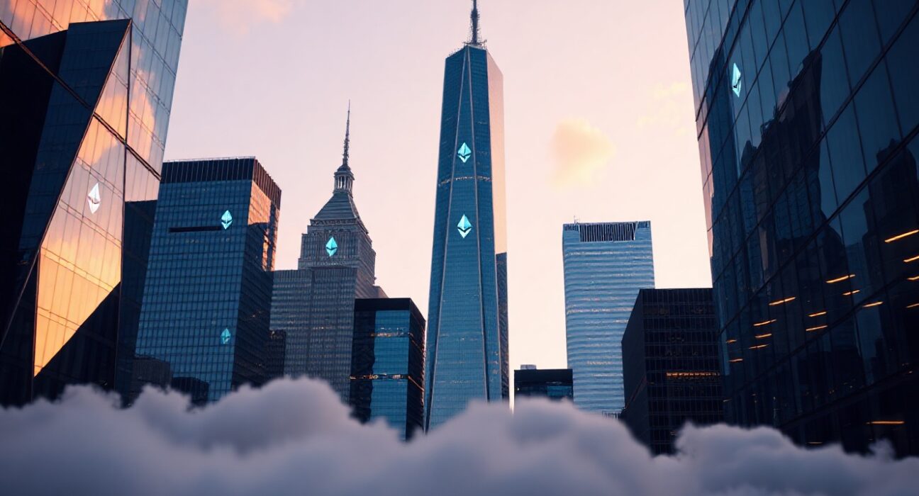 Financial district skyline with subtle digital Ethereum symbols, representing crypto ETF inflows.
