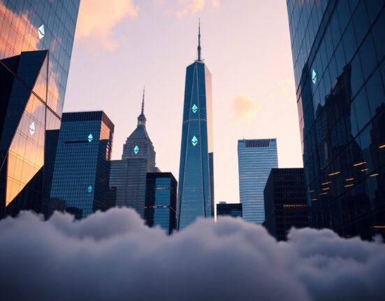 Financial district skyline with subtle digital Ethereum symbols, representing crypto ETF inflows.