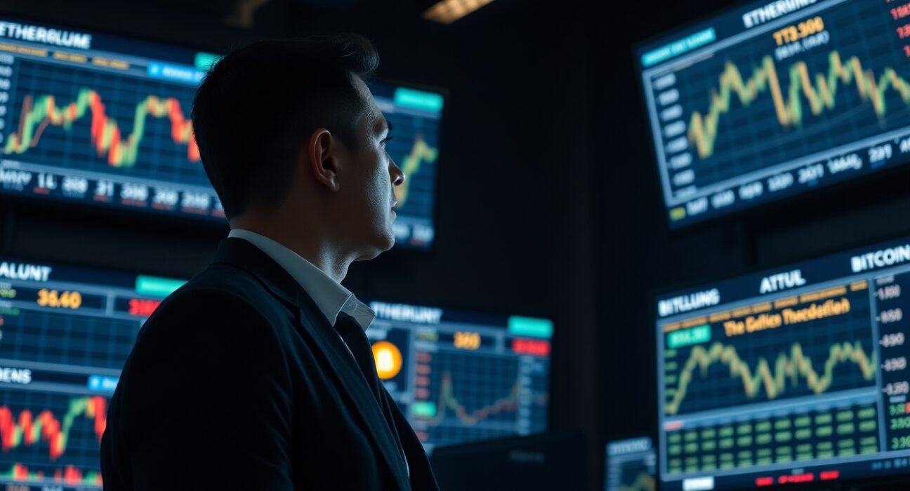 Trader analyzing Ethereum and Bitcoin ETF flow data on multiple monitors in a trading floor environment.