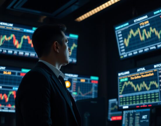 Trader analyzing Ethereum and Bitcoin ETF flow data on multiple monitors in a trading floor environment.