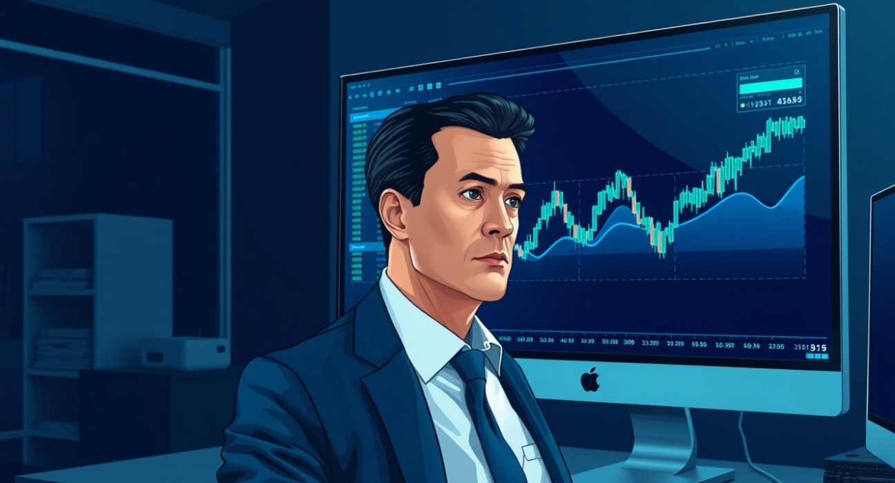 Financial analyst monitoring Ethereum ETF market data and investment flows on a trading desk.