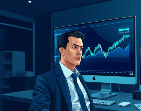 Financial analyst monitoring Ethereum ETF market data and investment flows on a trading desk.