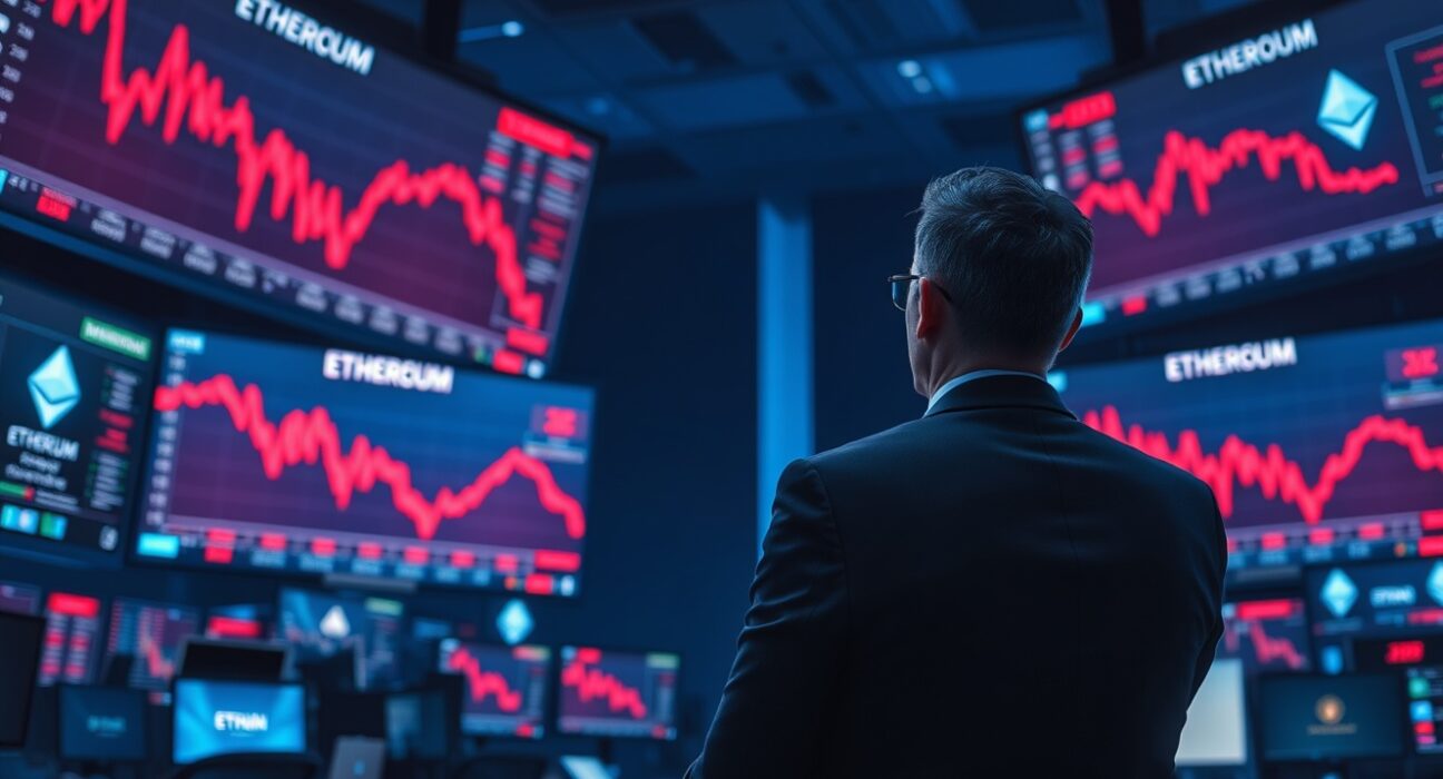 Trader monitors Ethereum price charts on screens in a dimly lit trading floor as spot ETFs see sustained outflows.