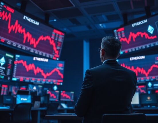 Trader monitors Ethereum price charts on screens in a dimly lit trading floor as spot ETFs see sustained outflows.