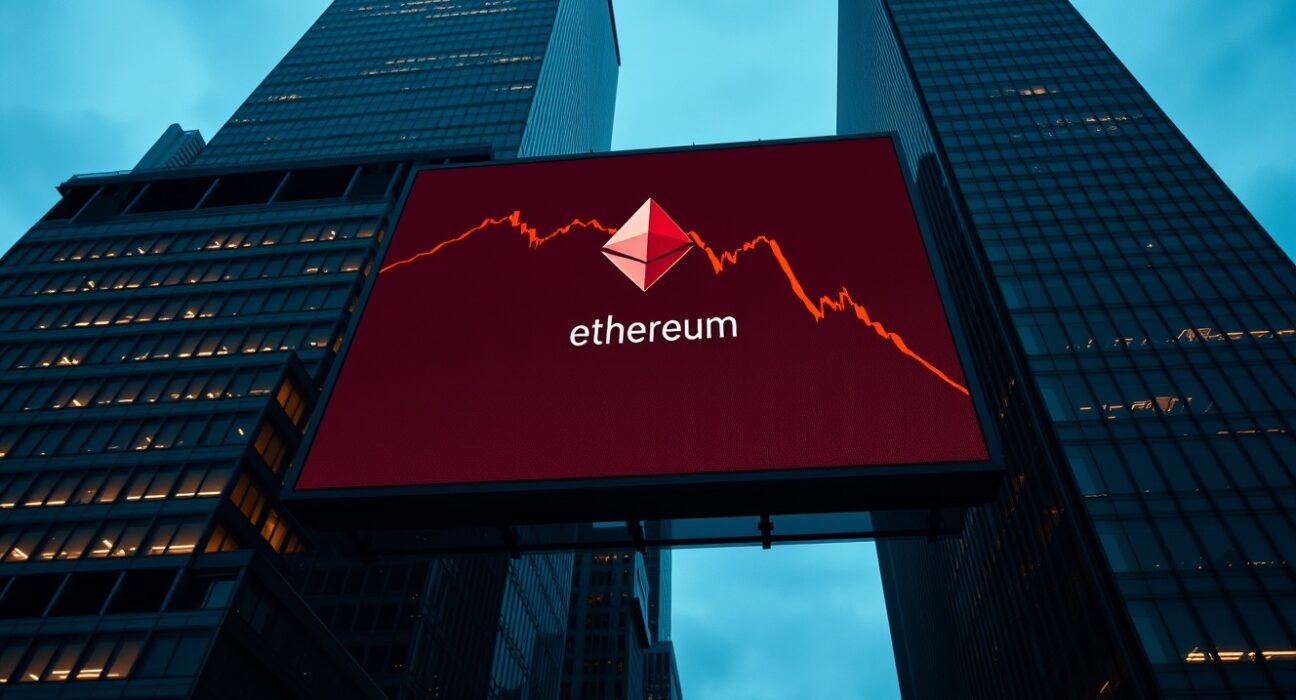 Digital billboard showing declining Ethereum price chart in a financial district at dusk