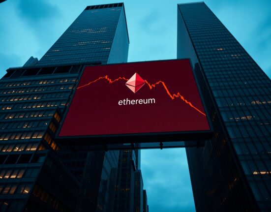 Digital billboard showing declining Ethereum price chart in a financial district at dusk