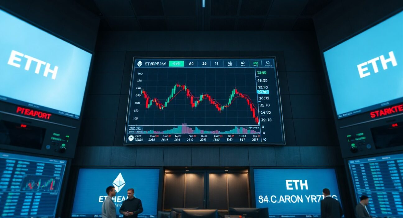 Trading floor with Ethereum price chart showing decline on digital screens