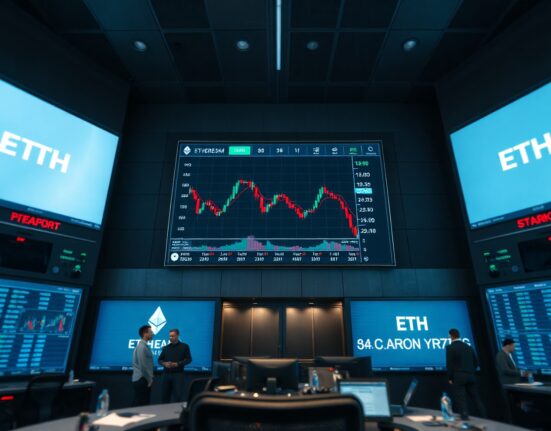 Trading floor with Ethereum price chart showing decline on digital screens