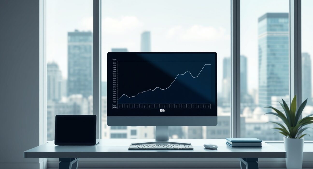 Professional trading desk monitor showing an upward-trending Ethereum ETF performance graph.