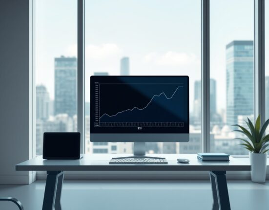 Professional trading desk monitor showing an upward-trending Ethereum ETF performance graph.