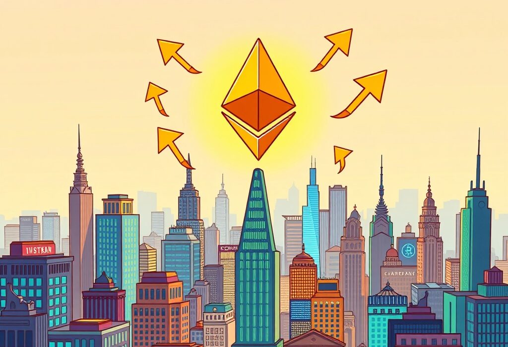 An illustration showing the astonishing rise of an Ethereum ETF amidst financial markets, symbolizing its significant trading volume.