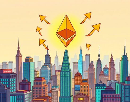 An illustration showing the astonishing rise of an Ethereum ETF amidst financial markets, symbolizing its significant trading volume.