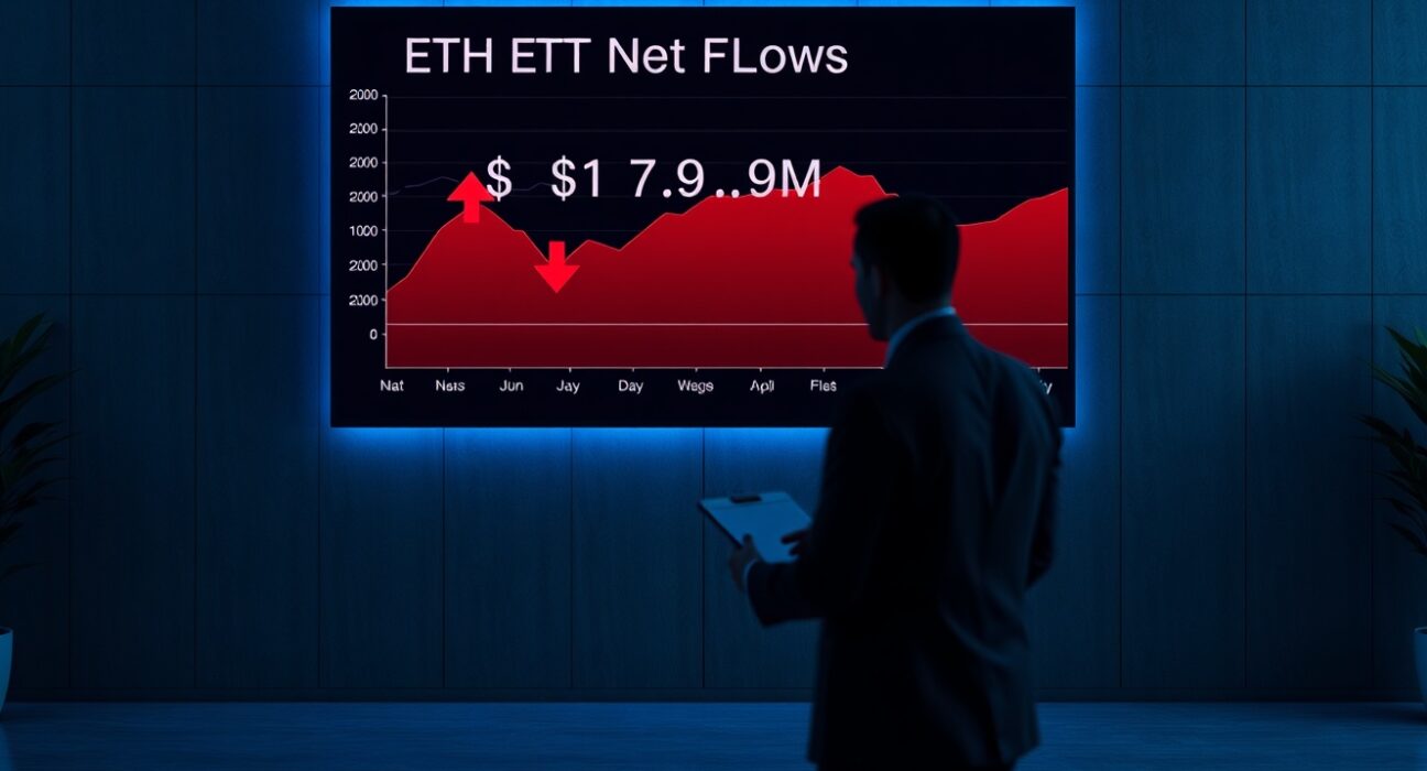Digital screen showing negative Ethereum ETF net flow data in a financial newsroom setting