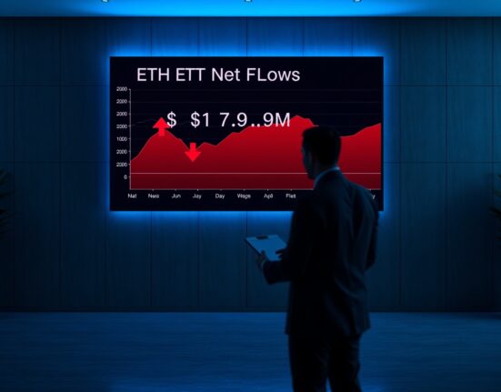 Digital screen showing negative Ethereum ETF net flow data in a financial newsroom setting