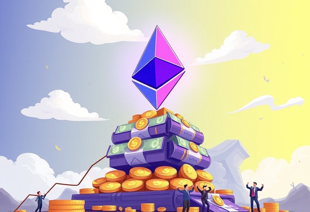 Cartoon showing Ethereum ETFs reaching a $30 billion AUM milestone, symbolizing significant growth in digital asset investments.