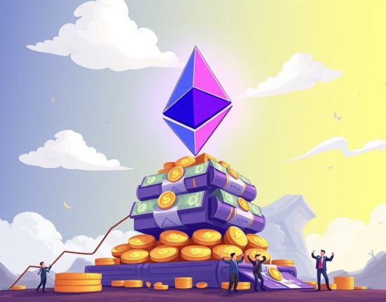 Cartoon showing Ethereum ETFs reaching a $30 billion AUM milestone, symbolizing significant growth in digital asset investments.