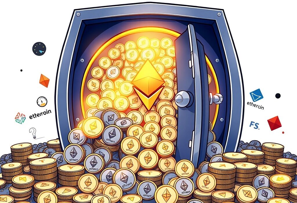 A cartoon illustration showing institutional entities accumulating a significant portion of the ETH supply, highlighting growing institutional Ethereum adoption.