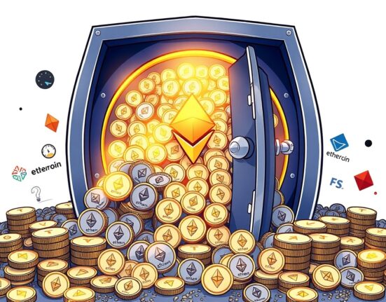 A cartoon illustration showing institutional entities accumulating a significant portion of the ETH supply, highlighting growing institutional Ethereum adoption.