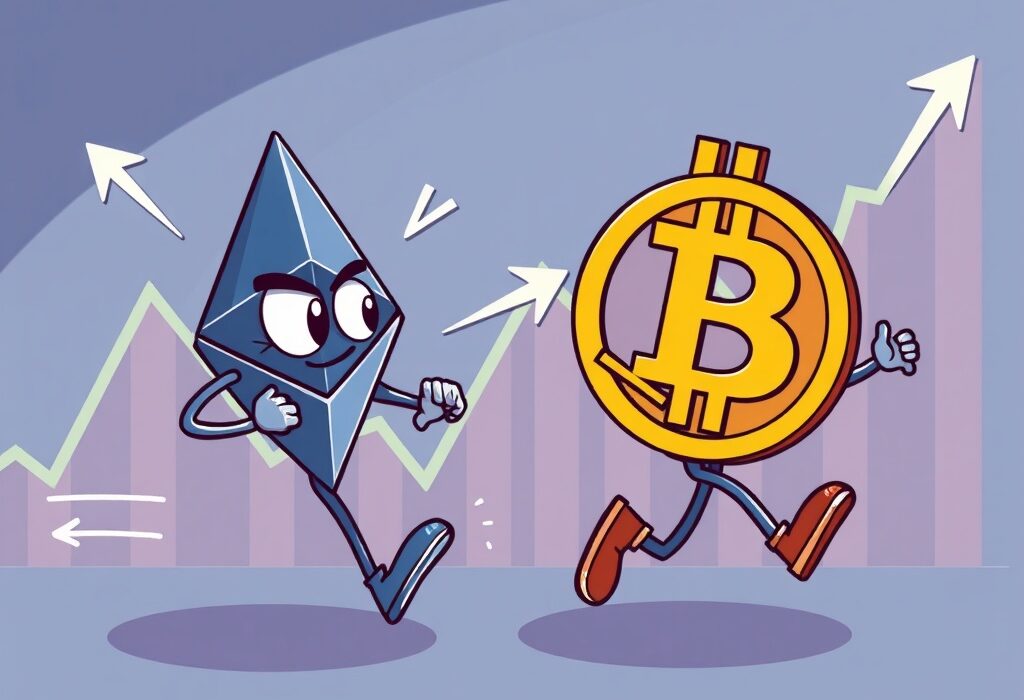 A vibrant cartoon illustration depicting the surprising surge of Ethereum ETFs challenging Bitcoin's market share in the crypto investment landscape.