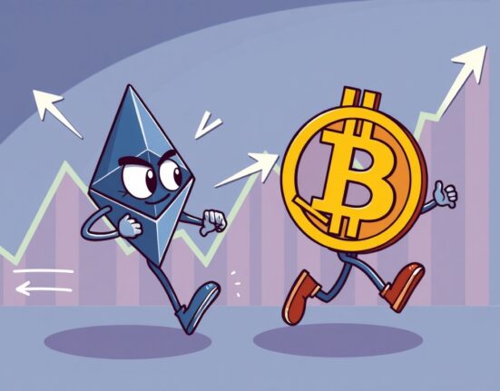 A vibrant cartoon illustration depicting the surprising surge of Ethereum ETFs challenging Bitcoin's market share in the crypto investment landscape.