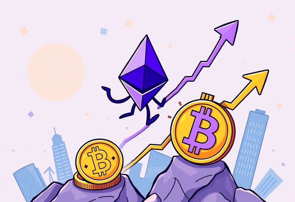 Cartoon illustration showing Ethereum ETFs driving the ETH/BTC ratio to new highs, symbolizing market outperformance.