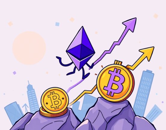 Cartoon illustration showing Ethereum ETFs driving the ETH/BTC ratio to new highs, symbolizing market outperformance.