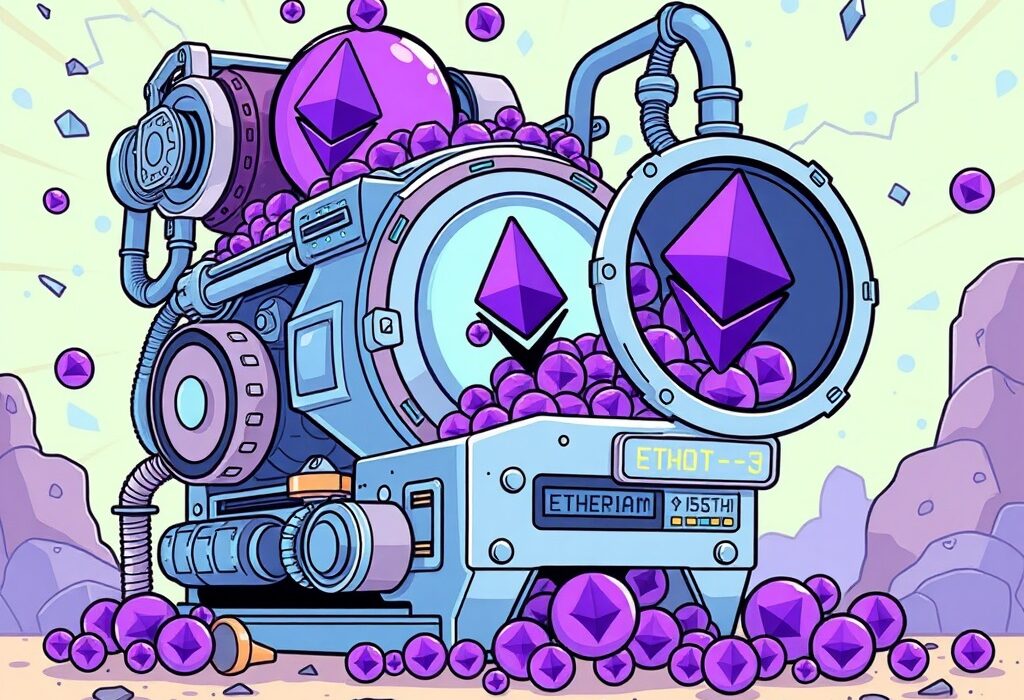 A cartoon illustration depicting a futuristic machine accumulating Ethereum (ETH) tokens, symbolizing strategic ETH accumulation.